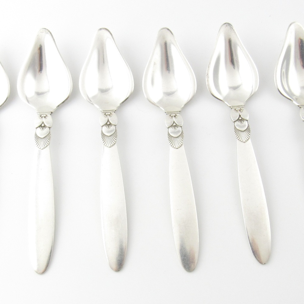 6 Georg Jensen Cactus Sterling Silver Triangular Fruit Spoons #075 #5162